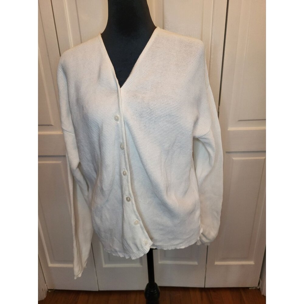Vintage 90s White Cotton Cardigan Classic Blues L Minimalist Cottage Fairy Retro